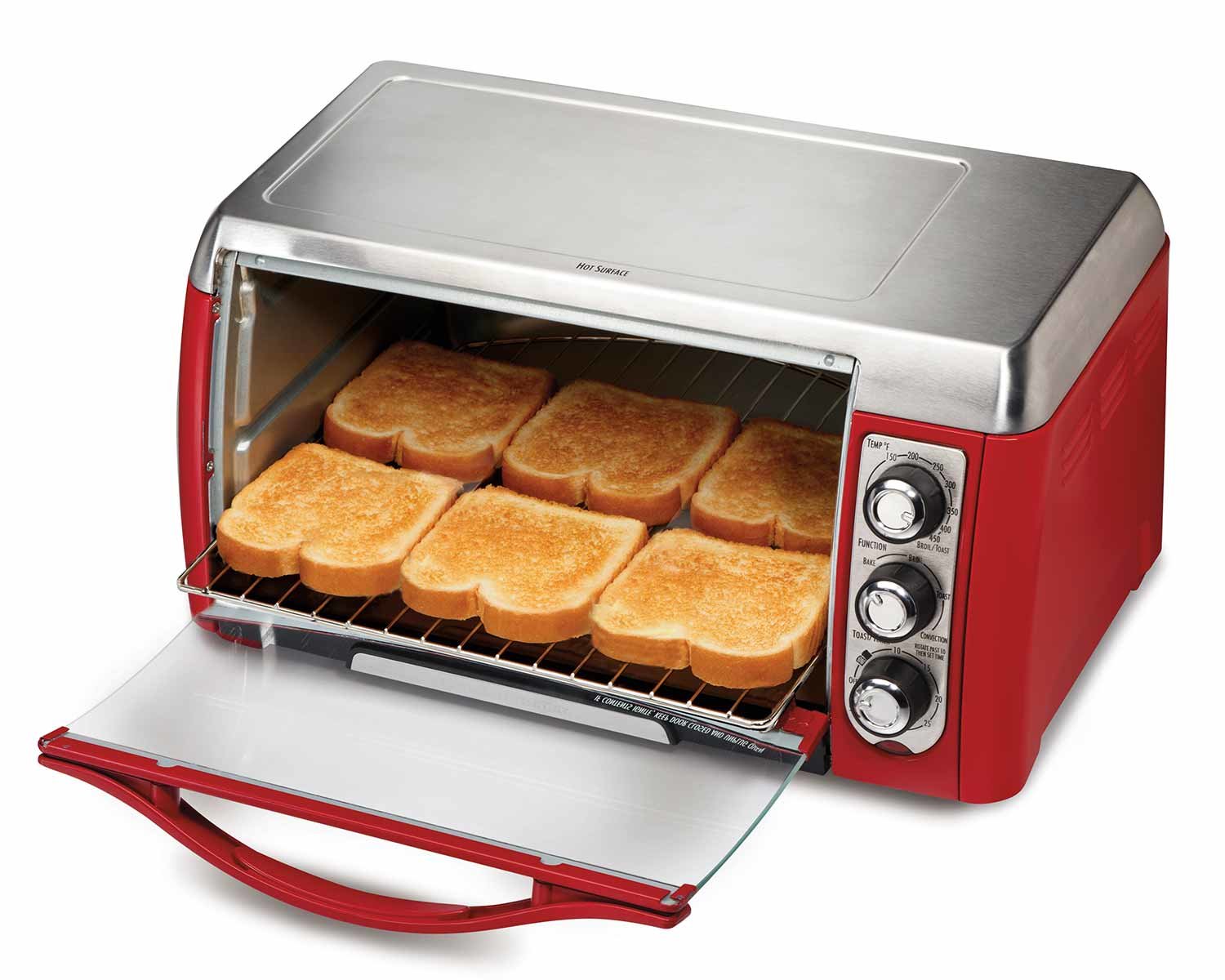 Red and stainless steel countertop toaster oven with six slices of toasted bread on the rack, door open.