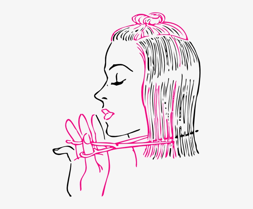 Woman in profile cutting her hair with scissors, pink highlights and top knot bun.
