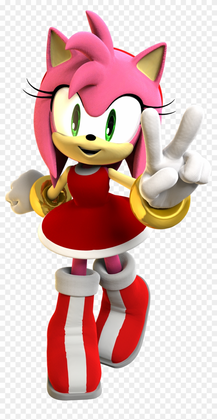 Amy Rose from Sonic the Hedgehog making a peace sign in her classic red dress and gold bracelets.