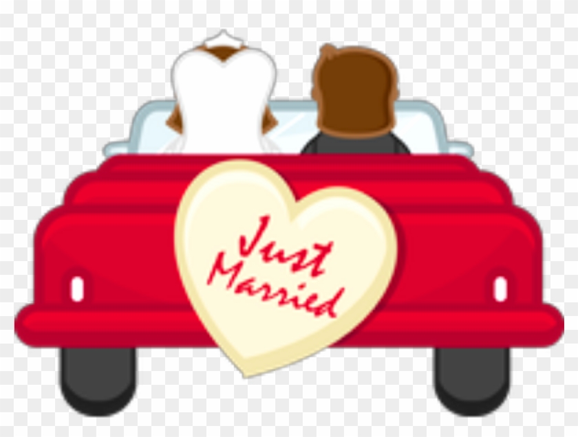 Cartoon bride and groom in red convertible with "Just Married" heart sign on trunk.