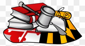 Legal symbols-gavel, books, scroll-resting on Maryland state flag with black-yellow and red-white quadrants.