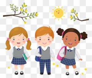 Three diverse schoolchildren in uniforms smiling under a sunny sky with tree branches and stars.
