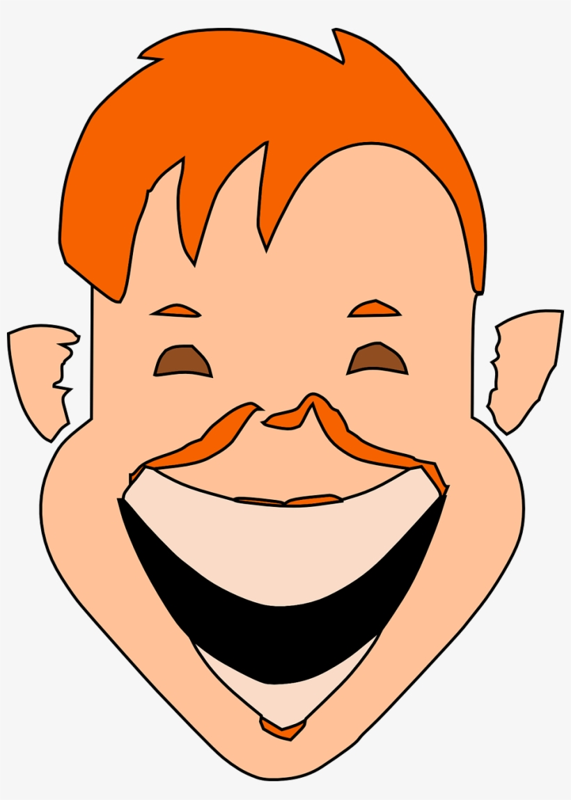 Cartoon face with orange hair, mustache, and wide joyful smile.
