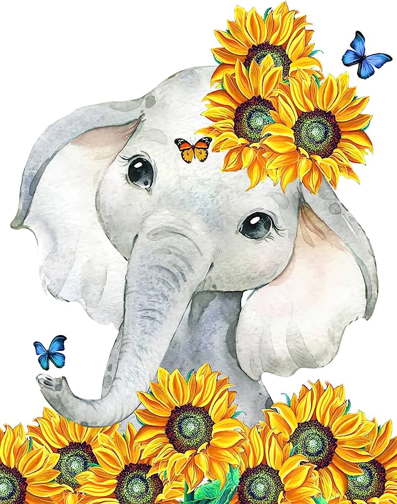 Cute baby elephant with sunflowers and butterflies in watercolor style