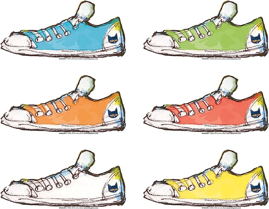 Six illustrated sneakers in blue, green, orange, red, white, and yellow, each featuring a cat face logo on the heel.