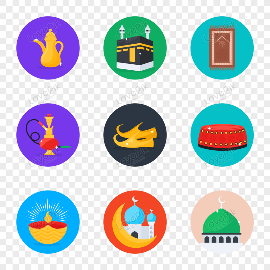 Nine colorful circular icons representing Islamic cultural and religious symbols including Kaaba, prayer rug, hookah, mosque, and oil lamp.