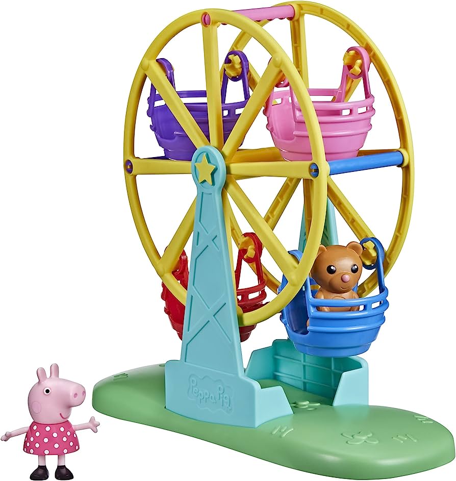Peppa Pig toy set featuring a colorful Ferris wheel with character figures and detachable gondolas.