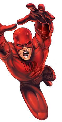 Daredevil in red suit lunging forward with arms raised, mask and "DD" emblem visible.