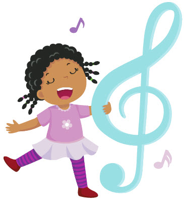 Joyful young girl with curly hair dancing beside a large treble clef and musical notes.