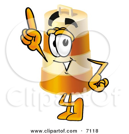 Animated traffic cone mascot pointing upward with a cheerful expression, wearing orange and white stripes.