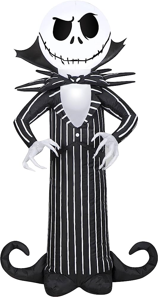 Inflatable Jack Skellington Halloween decoration in black-and-white striped suit with skeletal hands and bat-like collar.