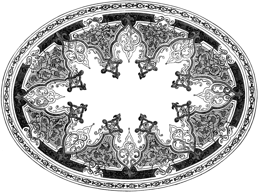 Intricate black-and-white oval ornamental design with Gothic and Islamic-inspired motifs, scrollwork, and symmetrical flourishes.