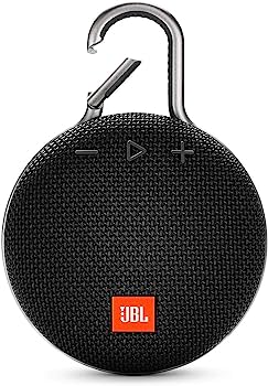 Black JBL Clip 3 portable Bluetooth speaker with carabiner hook and control buttons on fabric grille.