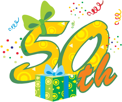 Celebratory "50th" graphic with gift box, green bow, confetti, and vibrant yellow-orange numerals.