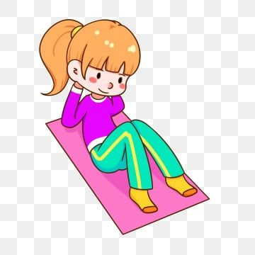 Cartoon girl doing sit-ups on a pink yoga mat, wearing purple top and green pants with yellow shoes.