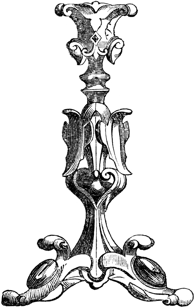 Ornate black-and-white line drawing of a Baroque-style candlestick with acanthus leaves, scrolls, and a tripartite base.