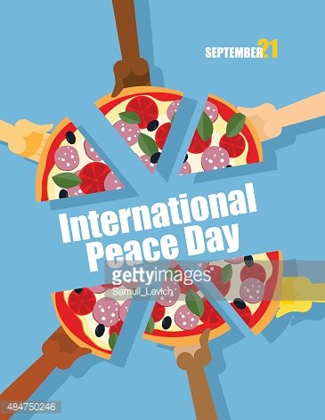 Hands of diverse people sharing a pizza in unity for International Peace Day on September 21.