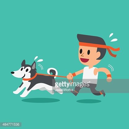 Man jogging with energetic husky dog on leash, both smiling and sweating, flat vector illustration.