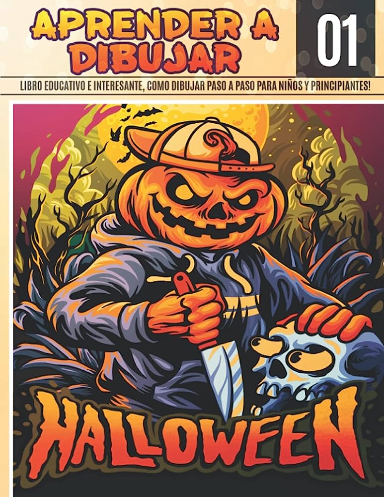 Halloween-themed drawing tutorial book cover featuring a pumpkin-headed character holding a knife and skull.