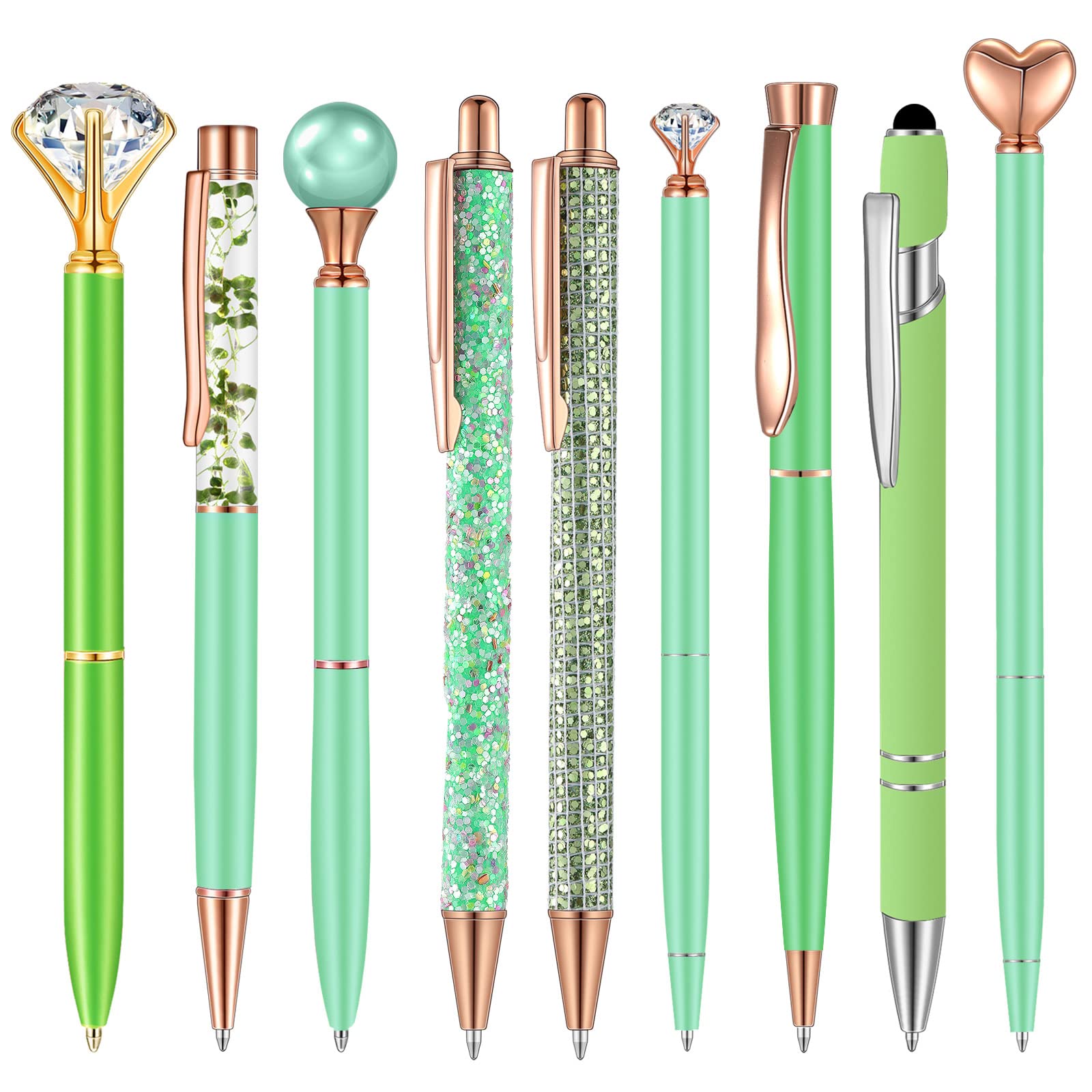 Collection of nine decorative green pens with rose gold accents, featuring gemstones, glitter, plants, and heart-shaped toppers.
