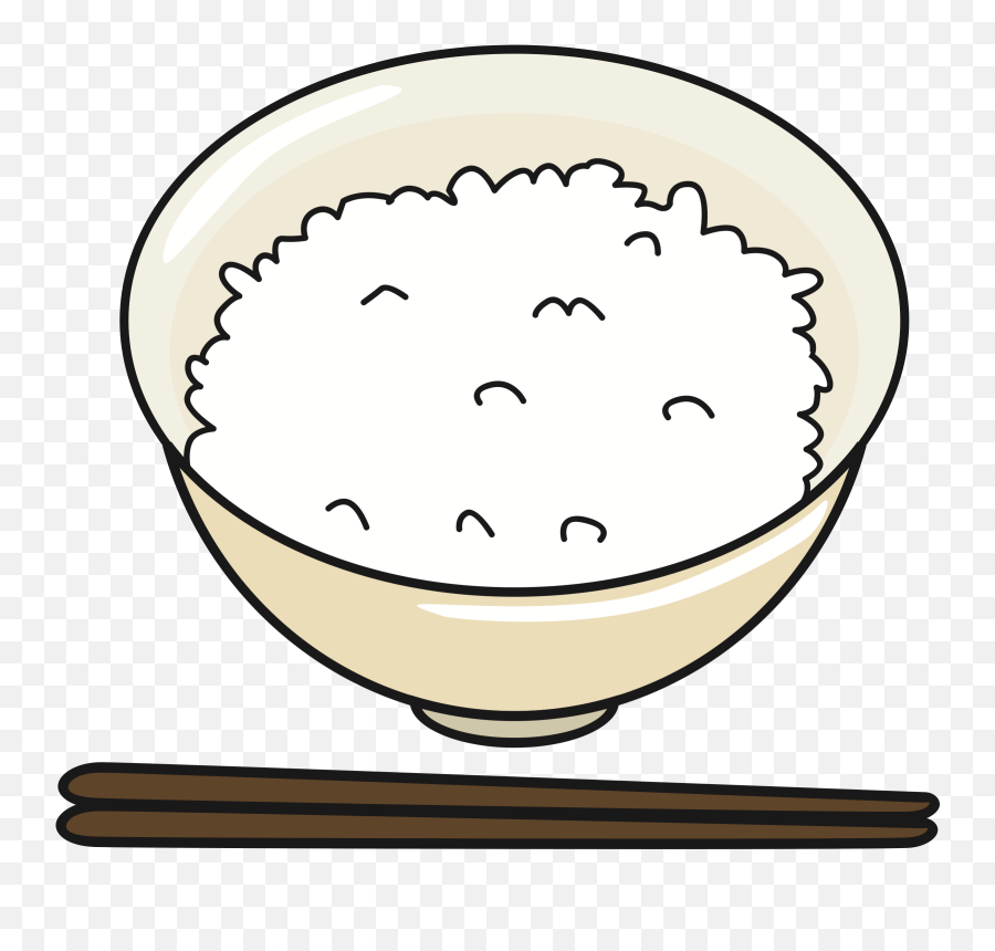 A cartoon-style bowl of steamed white rice with a smiling face, accompanied by wooden chopsticks on a transparent background.