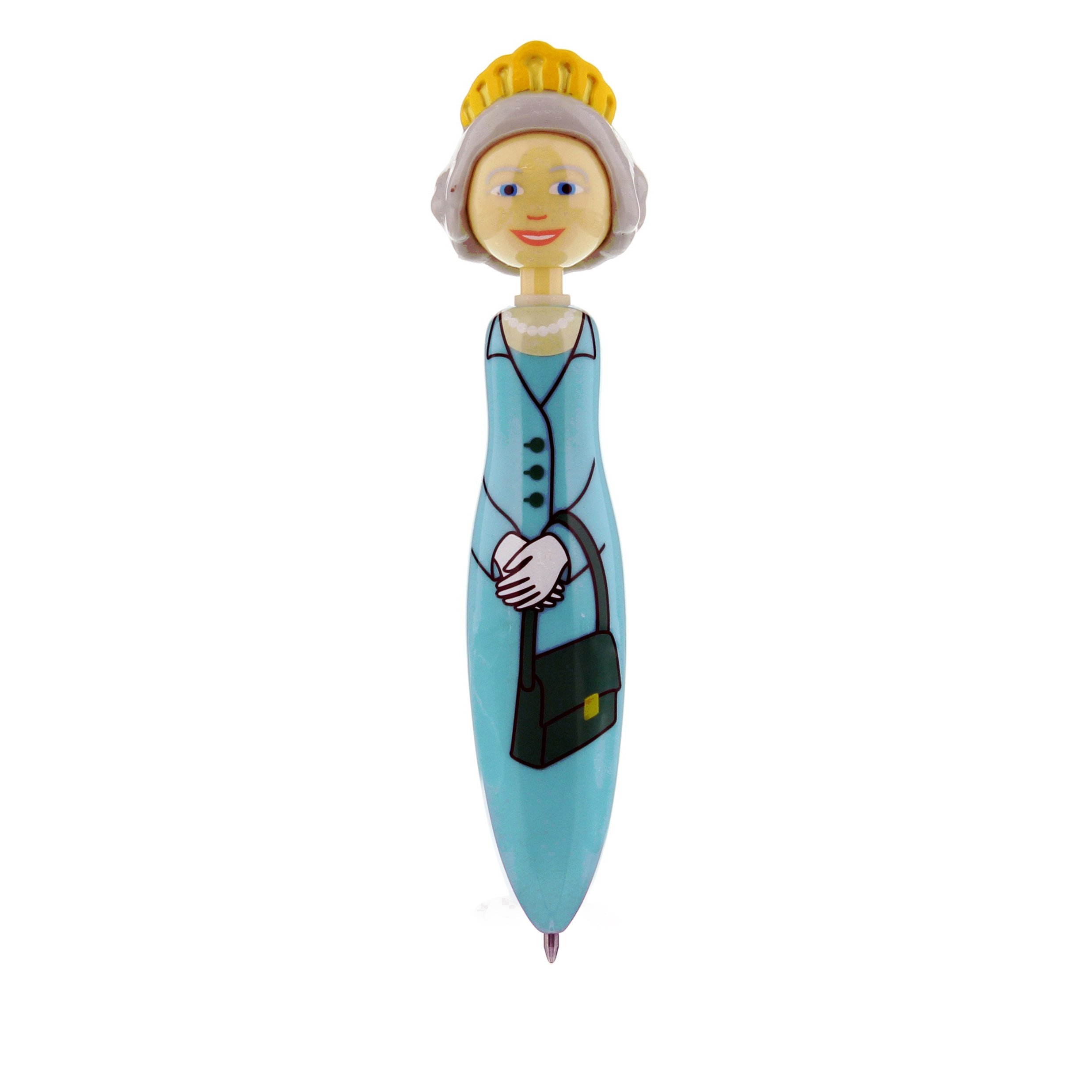 Queen Elizabeth II-themed novelty pen with crown, blue coat, pearl necklace, and handbag design.