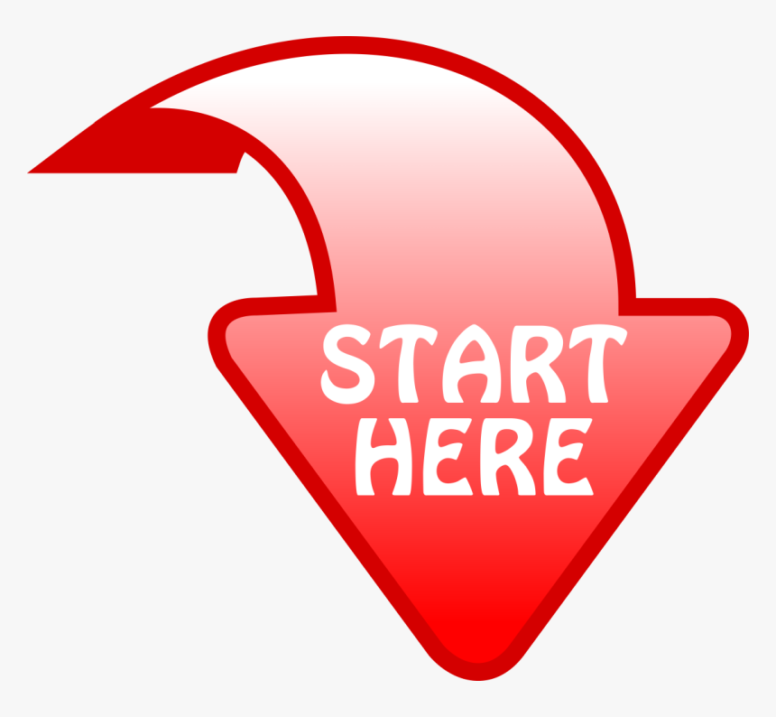 Red downward arrow with curved tail and white "START HERE" text, indicating a starting point or call to action.