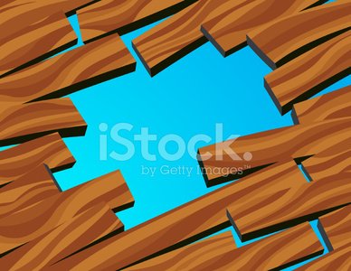 Broken wooden planks revealing a bright blue sky background, symbolizing breakthrough or repair.