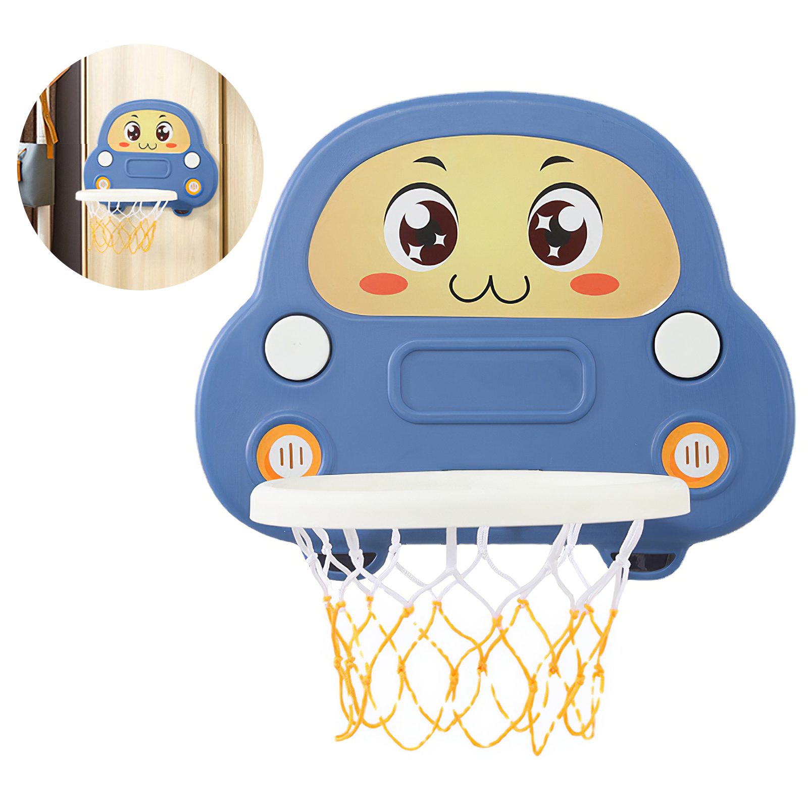 Blue car-shaped kids basketball hoop with cute face, white rim, and orange net for indoor play.