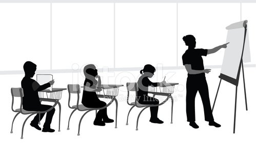 Silhouette of a teacher presenting at a whiteboard to three seated students in a classroom setting.