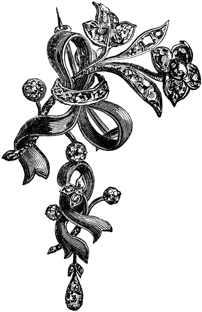 Intricate black-and-white vintage jewelry illustration with floral motifs, ribbons, and gemstone details in fine-line engraving style.