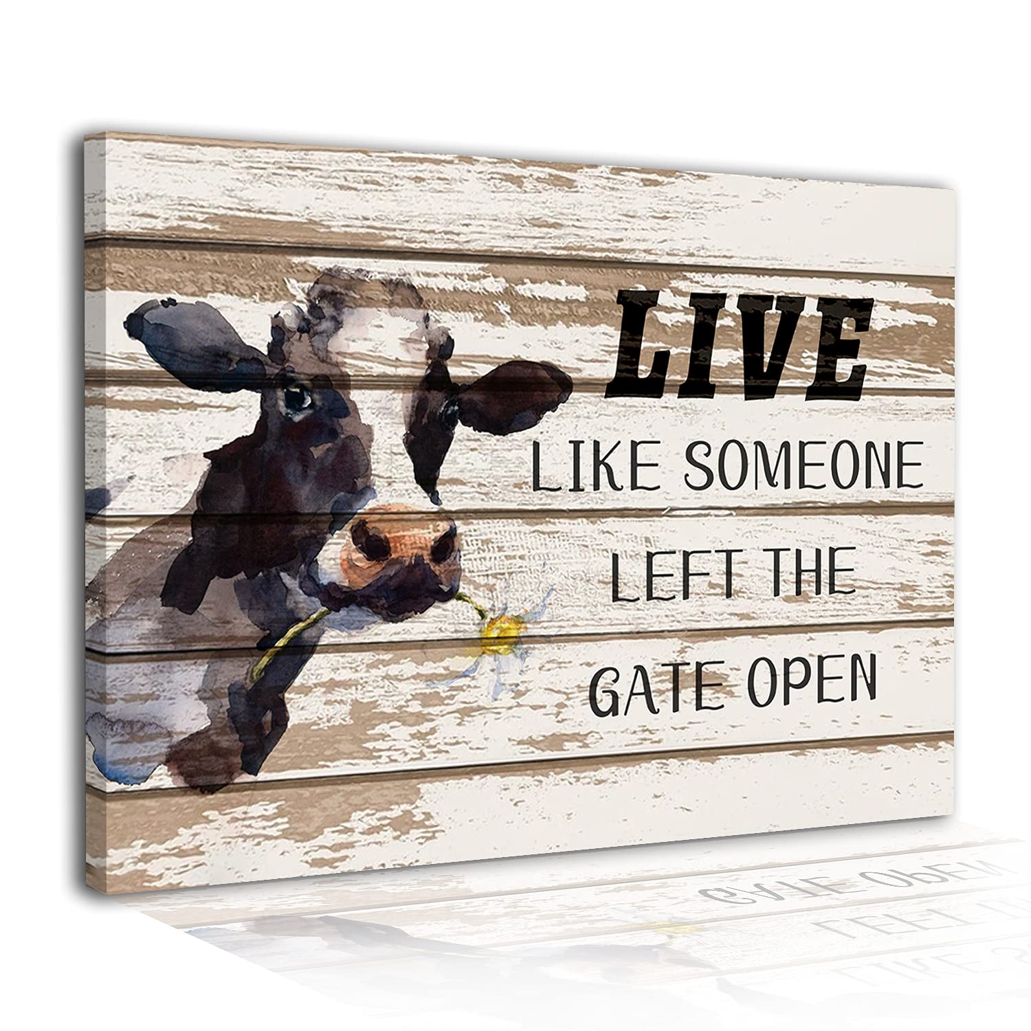 Watercolor cow holding daisy on rustic wood background with "Live Like Someone Left the Gate Open" quote.