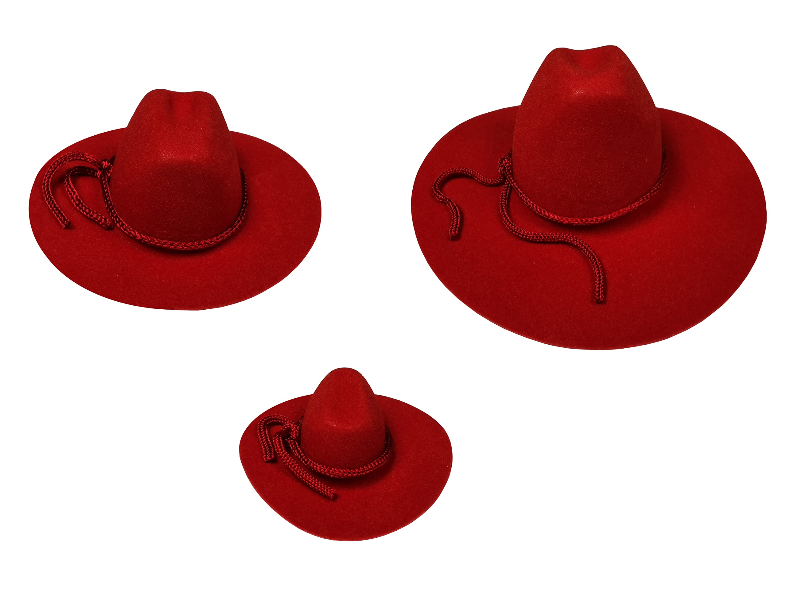 Three red felt cowboy hats in small, medium, and large sizes with braided chin straps, displayed on a white background.