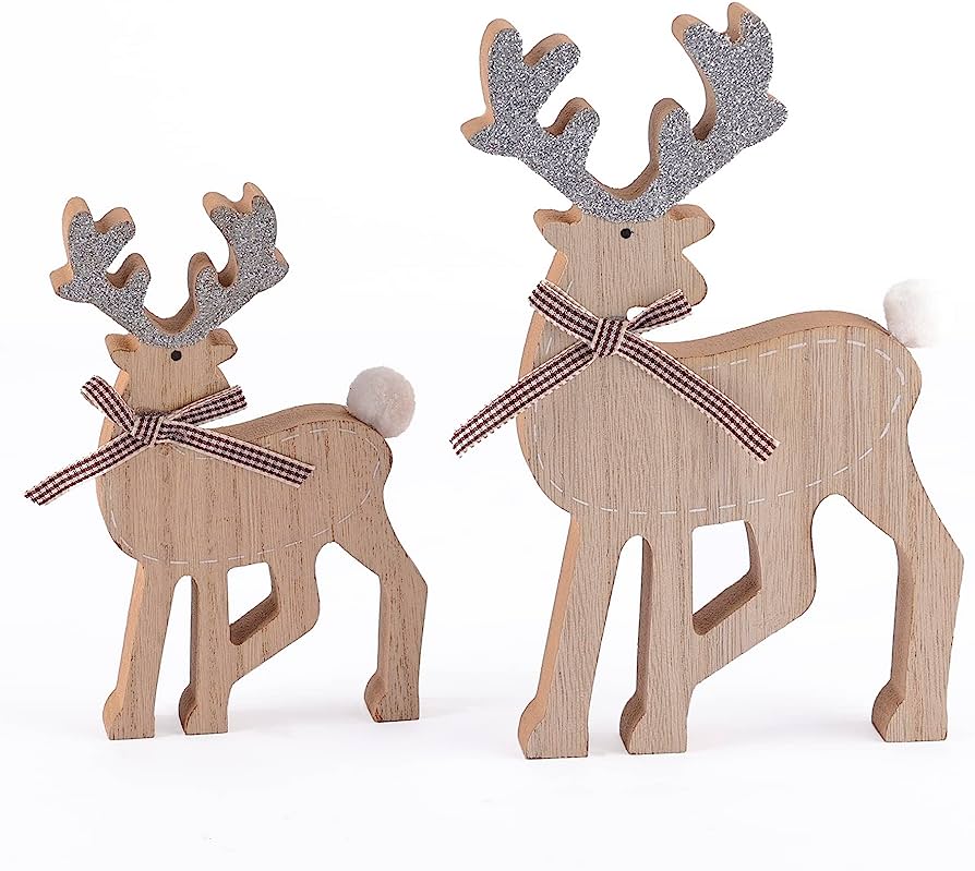 Two wooden reindeer ornaments with glitter antlers and plaid bows, one larger and one smaller, on a white background.