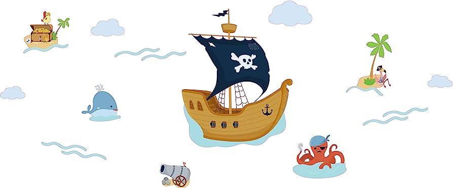 Cartoon pirate ship sailing among islands, whale, octopus, cannon, and treasure chest on a playful ocean scene.