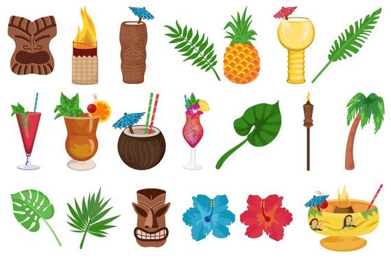 Tiki-themed illustrations including masks, tropical drinks, pineapples, palm leaves, hibiscus flowers, and torches.