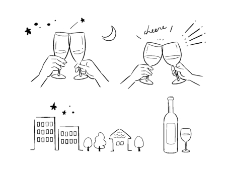 Two pairs of hands clinking wine glasses under stars and moon, with cityscape, house, bottle, and glass below.