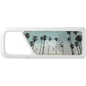 White portable Bluetooth speaker with palm tree graphic grille and green accent panel.