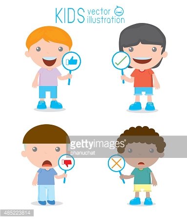 Four diverse cartoon kids holding magnifying glasses with thumbs-up, checkmark, thumbs-down, and X symbols.