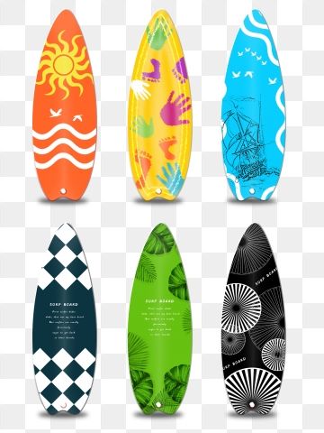 Six colorful surfboards with unique artistic designs including sun, handprints, ship, checkered, leaf, and geometric patterns.