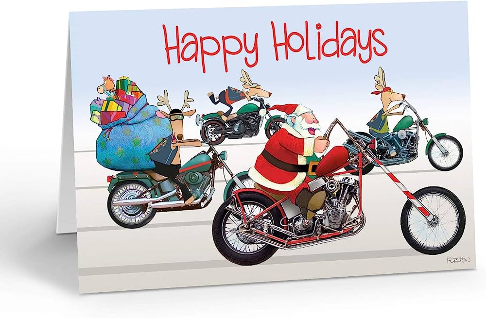 Festive Motorcycle Holiday Greeting Card - Santa & Reindeer on Bikes