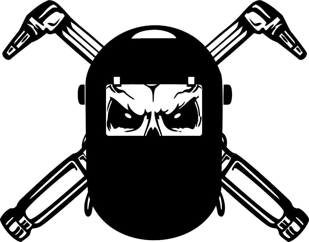 Welding helmet with skull eyes and crossed welding torches in black-and-white stylized design.