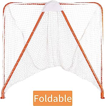 Foldable lacrosse goal with orange frame and white netting, labeled "Foldable".