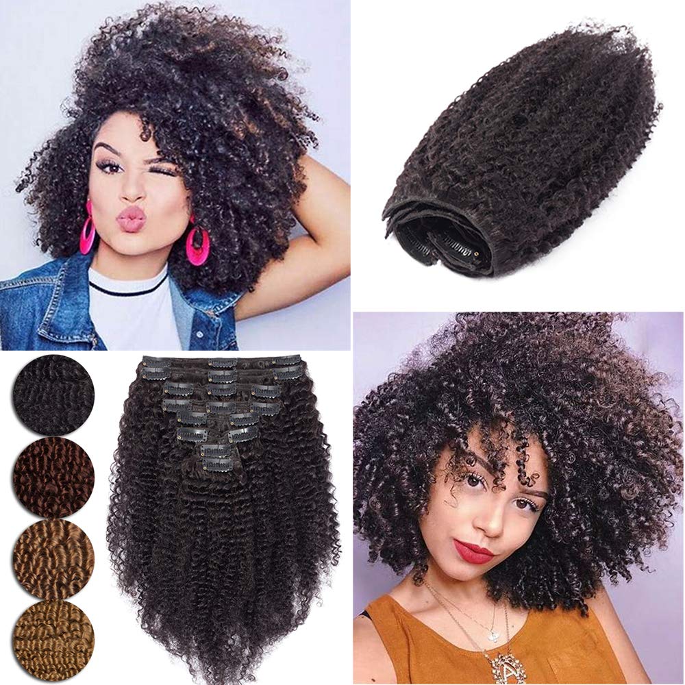 Black curly clip-in hair extensions shown on models and as product shots with color options.