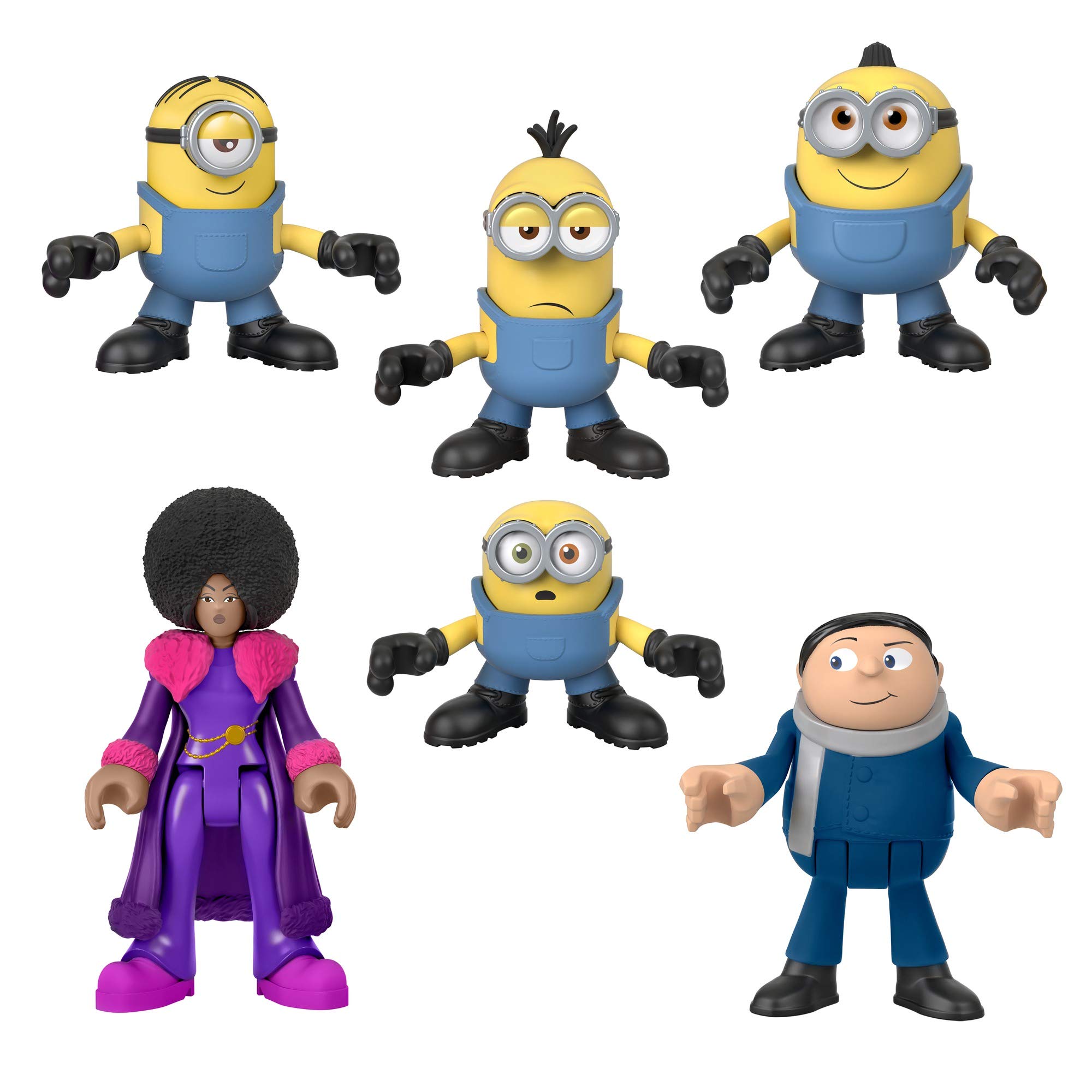 Six Minions and two human characters (Valentina and Gru) in action figure form, posed against a white background.