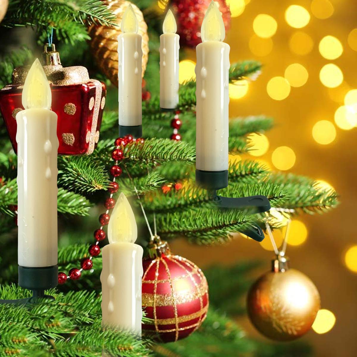 LED flameless Christmas tree candles with clip-on bases, glowing warmly among ornaments and pine branches.