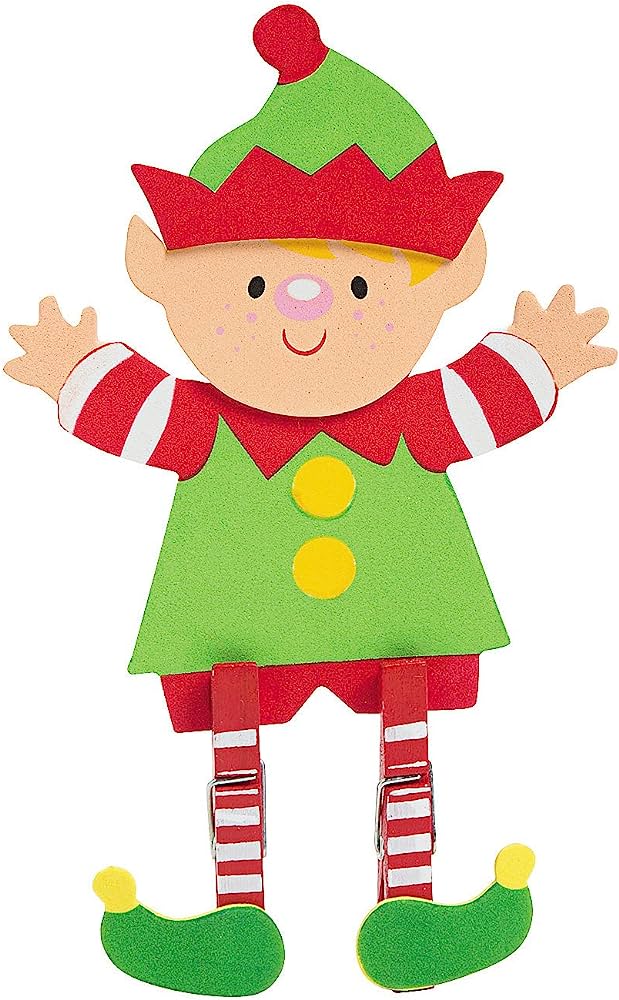 Cheerful wooden elf craft figure with green hat, red-and-white striped sleeves, and clothespin legs, ideal for Christmas decor.