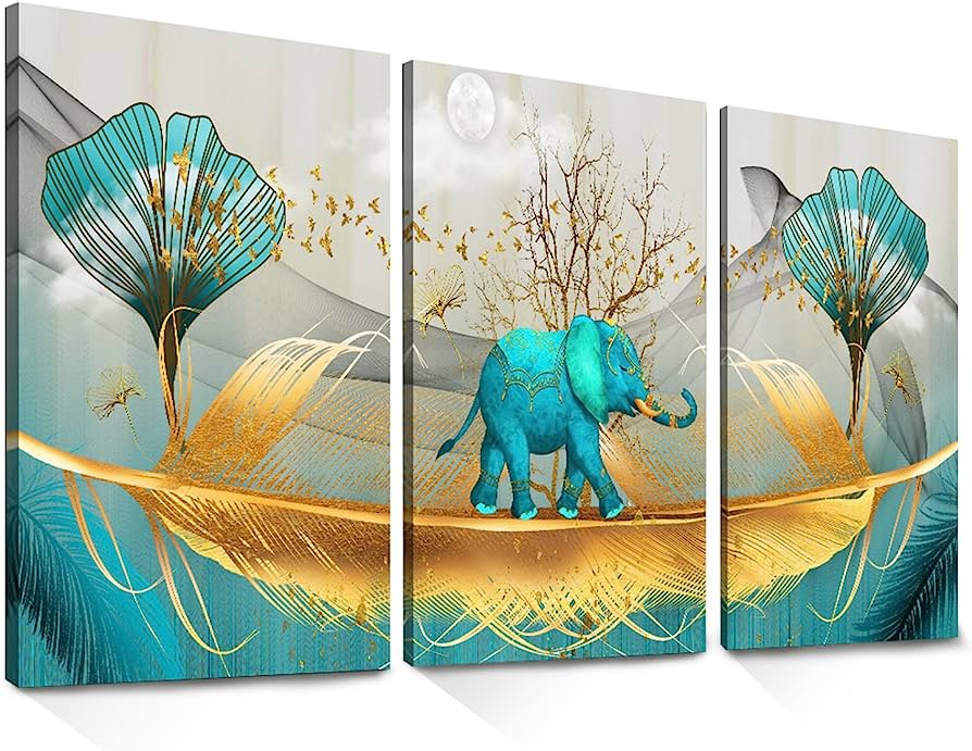 Turquoise elephant walking on golden feather with ginkgo trees and moon in surreal triptych canvas art.
