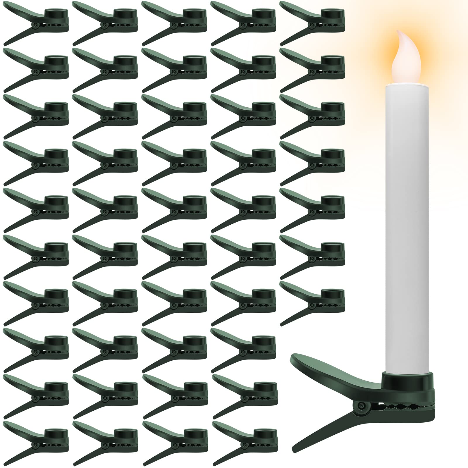 Dark green plastic clip holding a white LED candle with flickering flame, shown with multiple clips in background.