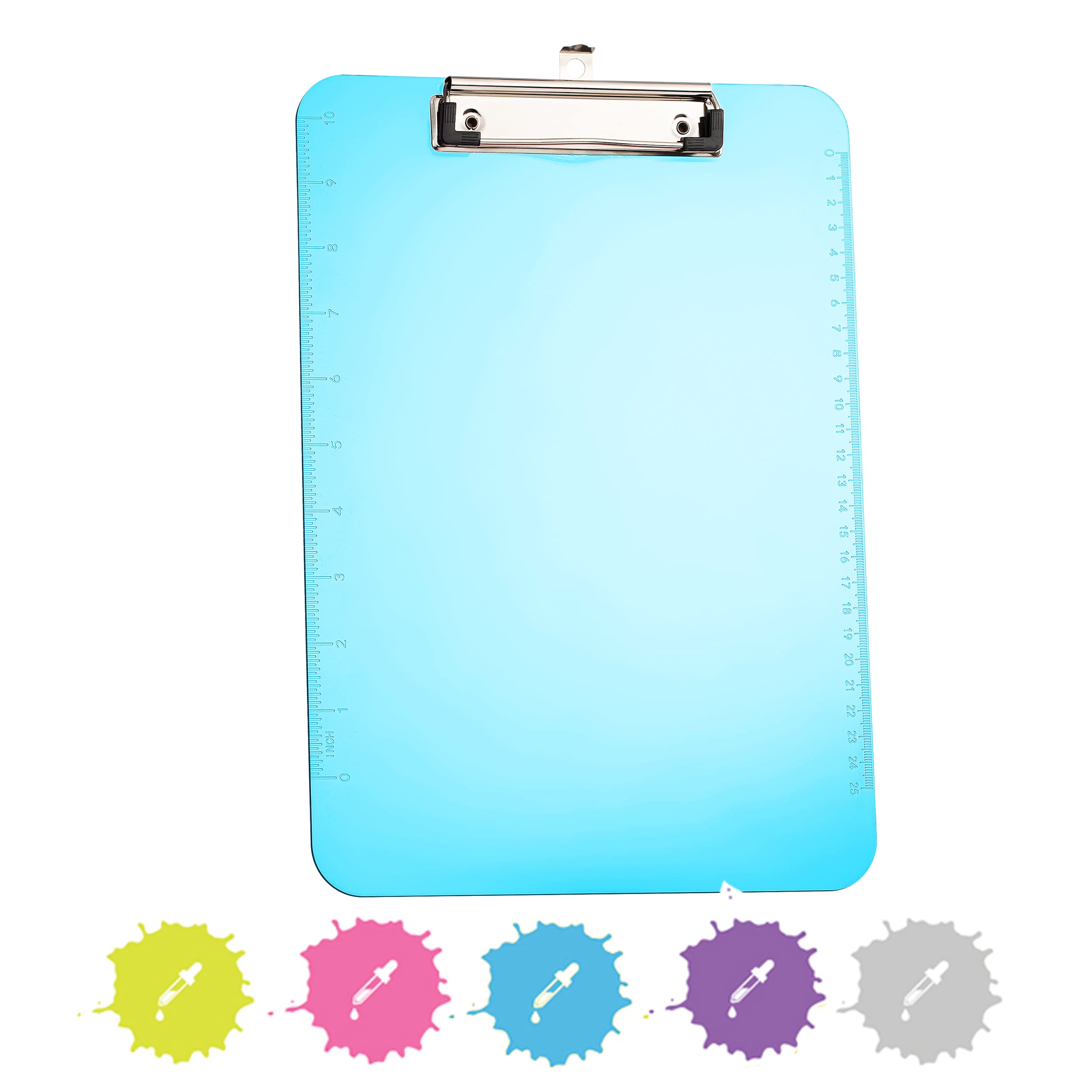 Blue translucent clipboard with built-in rulers and metal clip, shown with colorful ink-splash icons below.